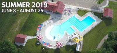 Ariel view of the aquatic center with the text "summer 2019 june 8 - august 25"